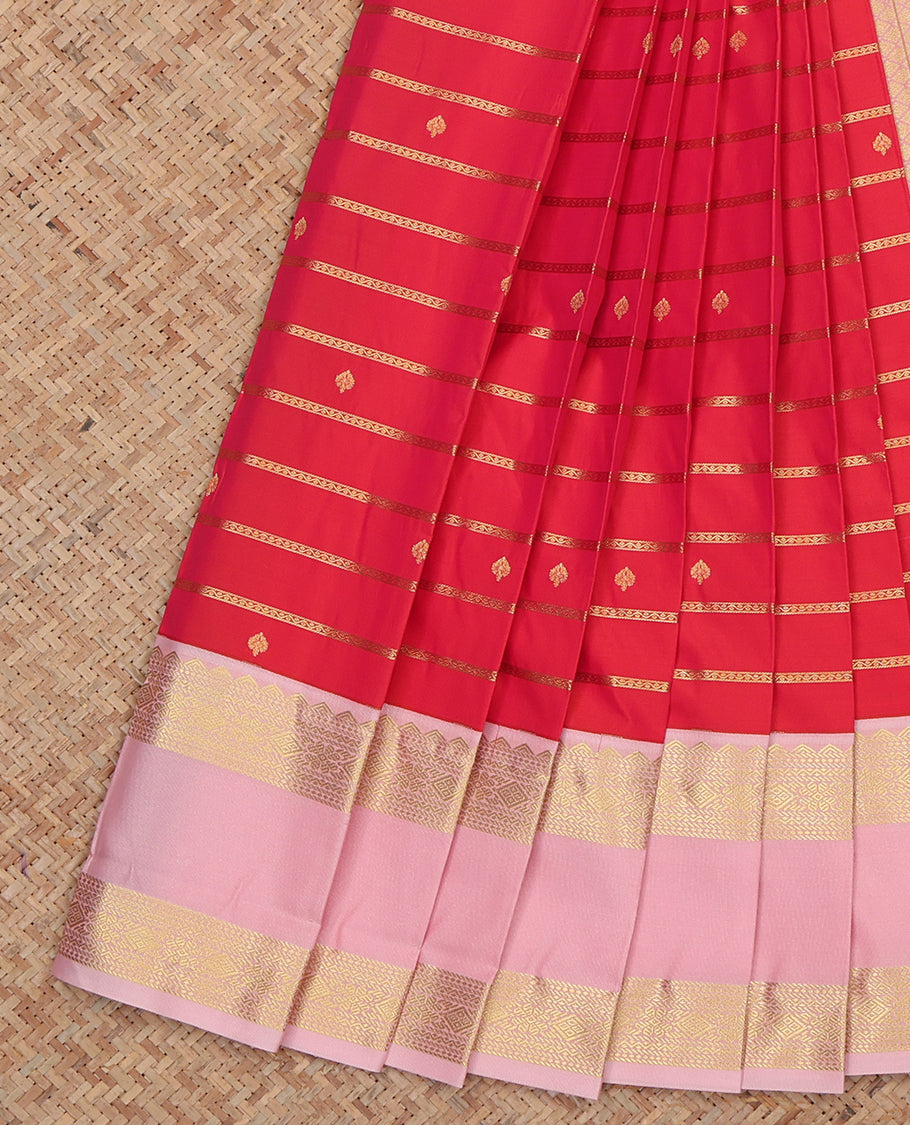 Red Budget Silk Saree, Adorned with Zari Buttas and Stripes, Complemented by a Contrast Traditional Rettai Pettu Border, Grand Pallu, and Contrast Blouse