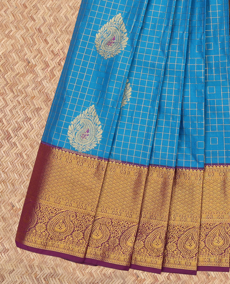Blue Budget Silk Saree, Ornamented with Zari Buttas and Checks, a Contrast Traditional Zari Border, Grand Pallu, and a Contrast Blouse
