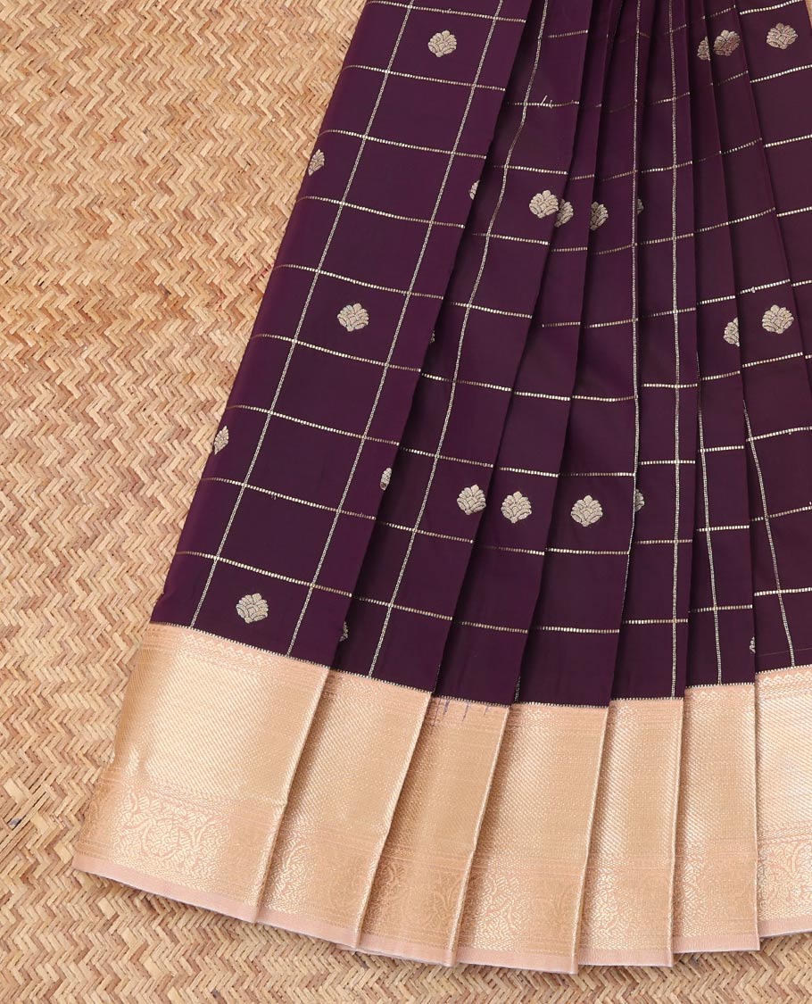 Dark Purple Budget Silk Saree, Enthralled with Zari Buttas Enclosed Checks, Complemented by Contrast Traditional Zari Border, a Grand Pallu and a Contrast Blouse