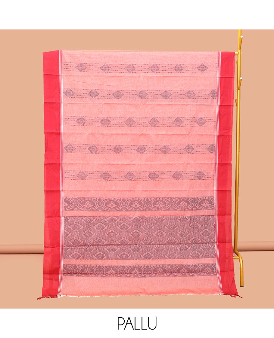 Pink Kanchi Cotton Saree, Woven with Buttas, Complemented by a Contrast Border, Pallu of Jaal Design, and a Matching Blouse