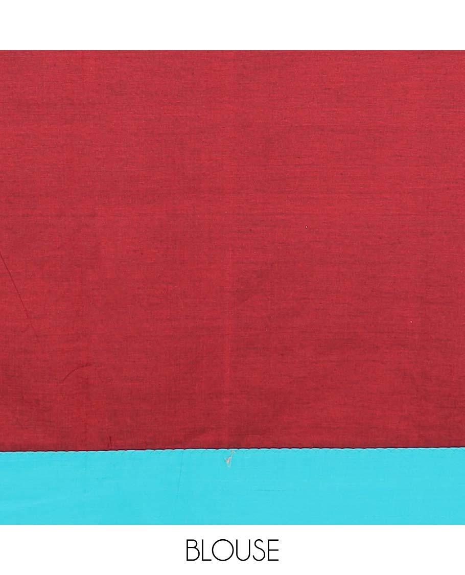 Red sun brust motifs printed with mirror embroidered poly cotton saree, contrast chakra print with mirror work border, and pallu of chakram print, and mirrorwork