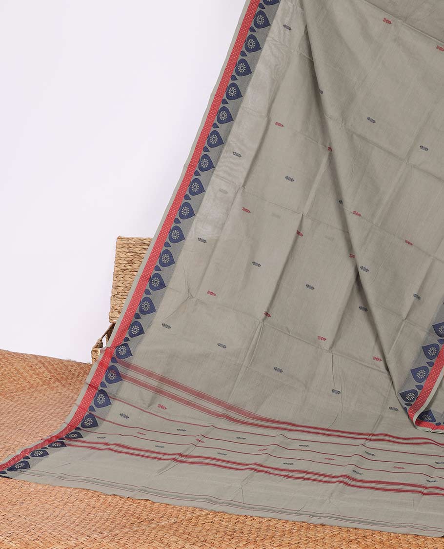 Grey buttas Chettinad cotton saree, unique design border & striped pallu