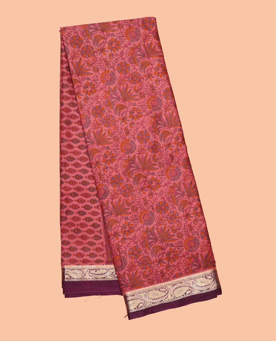 Pink paisley vine semi-banaras printed saree, contrast paisleys border & intricate pallu