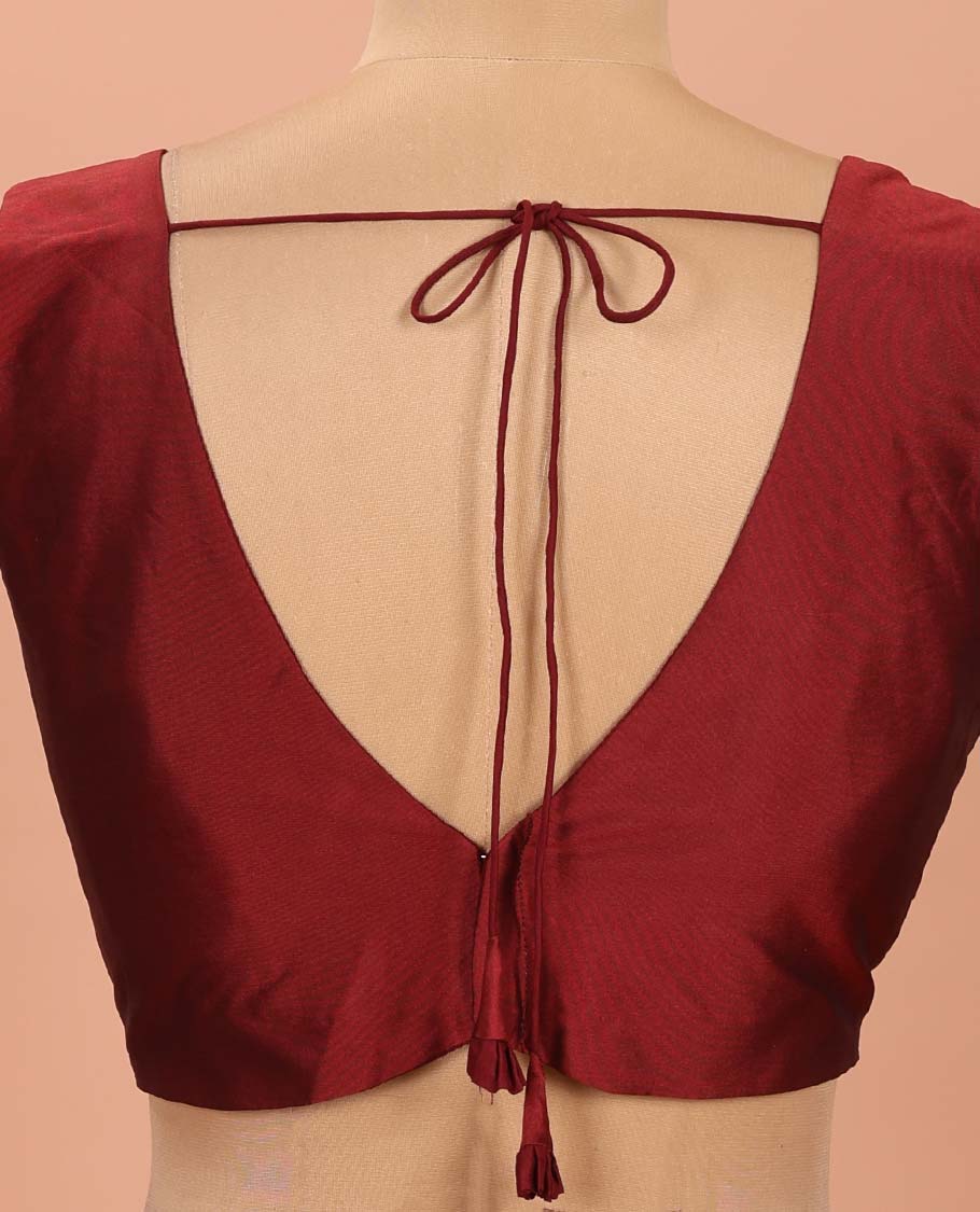 Maroon Plain Readymade Blouse Featuring a Front Leaf-Neck, Back Leaf-Neck, and Sleeveless Hand
