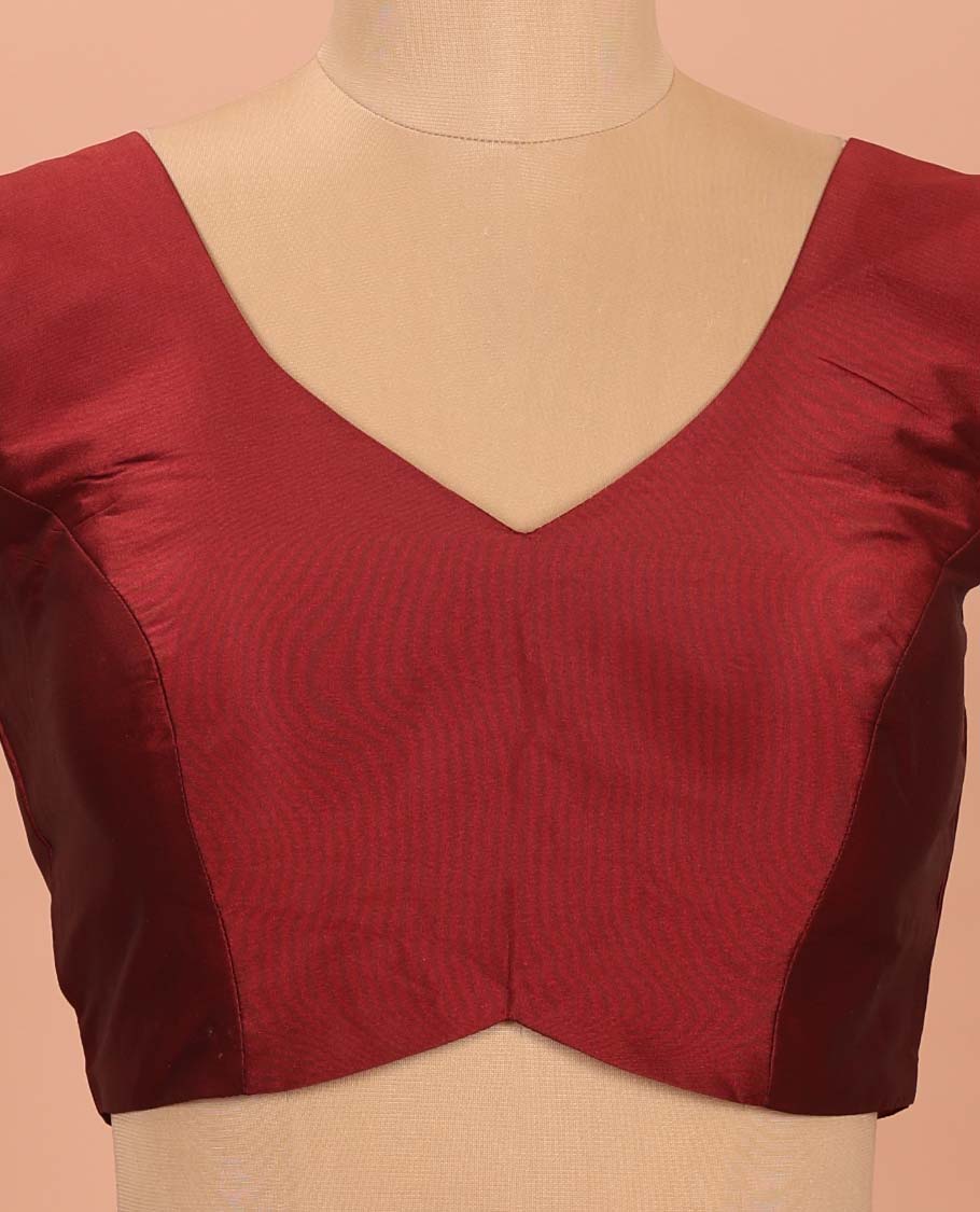 Maroon Plain Readymade Blouse Featuring a Front Leaf-Neck, Back Leaf-Neck, and Sleeveless Hand