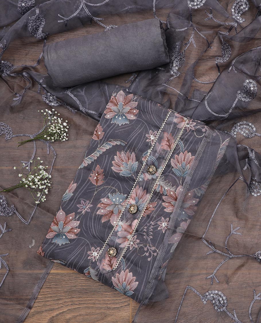 Cement grey material chudidar set, floral printed, outline thread embroidered with sequins work top, plain bottom and paisley vine sequins embroidered dupatta