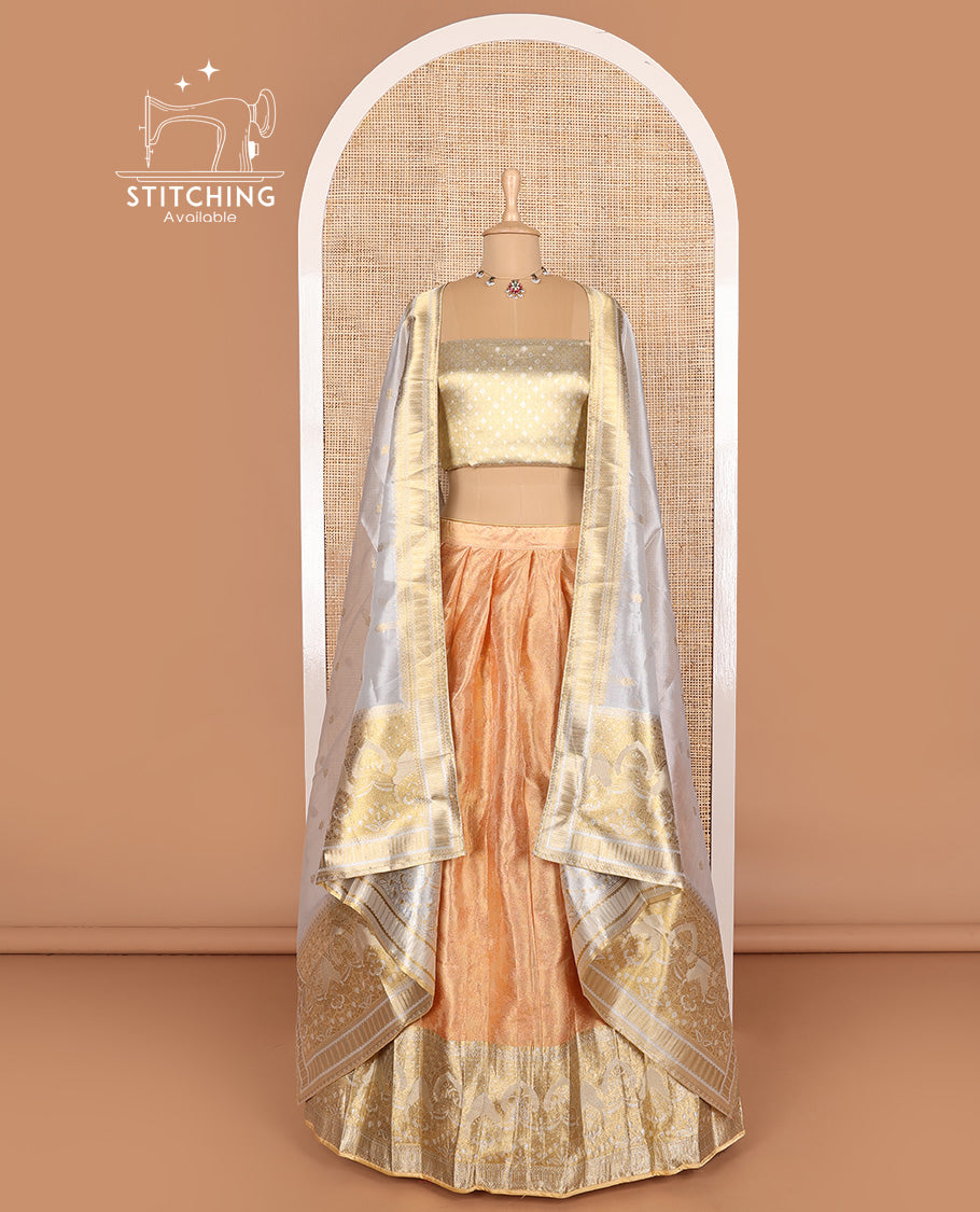 Orange art silk half-saree, floral design with contrast traditional zari bordered skirt, contrast jacquard blouse, and traditional motif dhavani