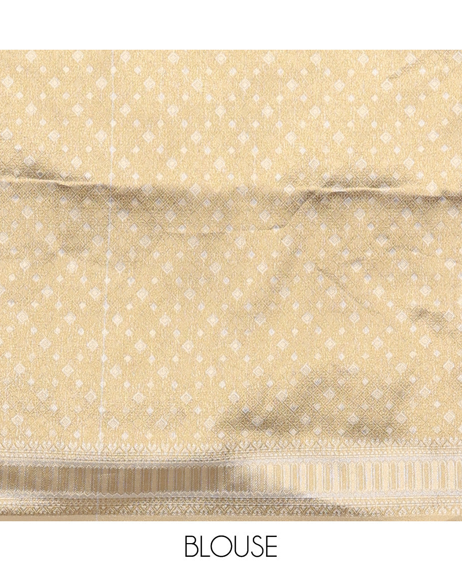 Orange art silk half-saree, floral design with contrast traditional zari bordered skirt, contrast jacquard blouse, and traditional motif dhavani