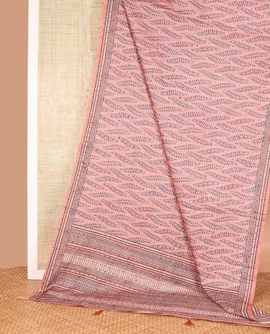 Peach leaf motifs printed and colorful French knot embroidered chanderi cotton saree, self-border and pallu of geometric print with French knots