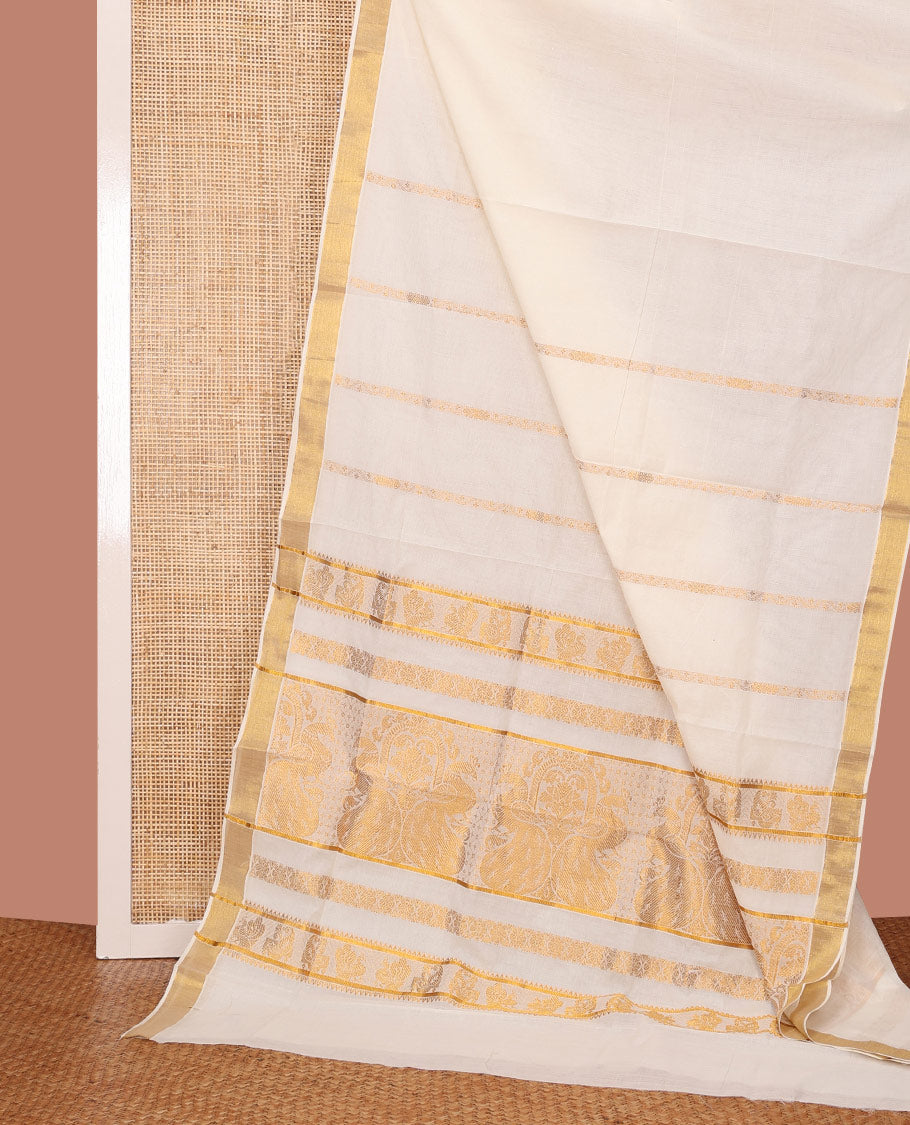 Cream Kerala Saree, Detailed with Zari Stripes on Its Body, Bavanji Zari Border, Artfully Zari Woven Pallu of Peacock Designs, and Paired with a Matching Blouse