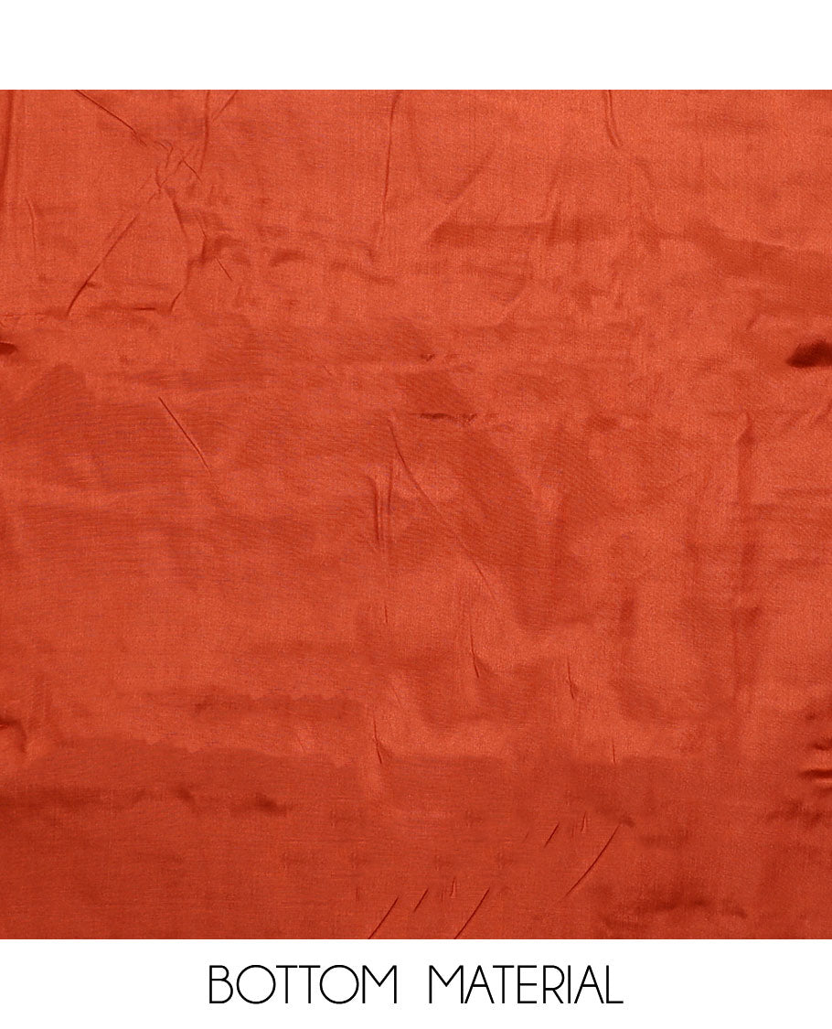 Black material chudidar set, floral print with mirror neck embroidered top, contrast orange bottom and plain dupatta