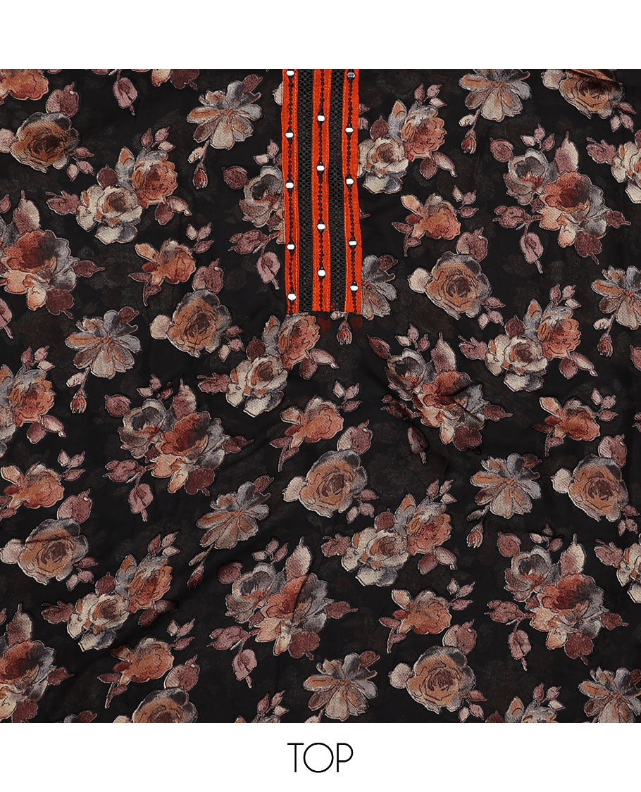 Black material chudidar set, floral print with mirror neck embroidered top, contrast orange bottom and plain dupatta