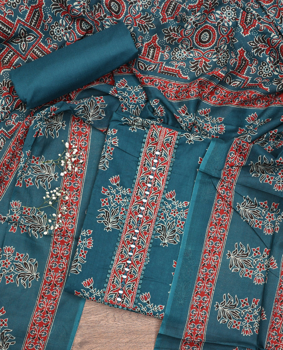 Blue Material Chudidar Set, Enthralled with Floral Printed Cotton Top, a Plain Cotton Bottom, and Paired with a Ajrakh Printed Cotton Dupatta