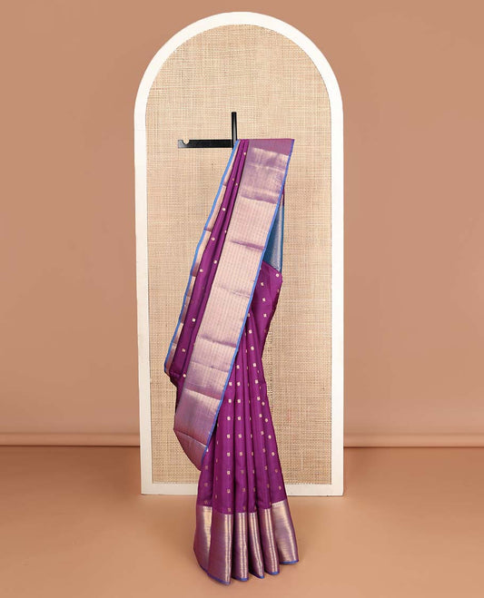 Purple mayil chakram buttas Vasundhara silk mix saree, contrast traditional zari design border & jaal pallu