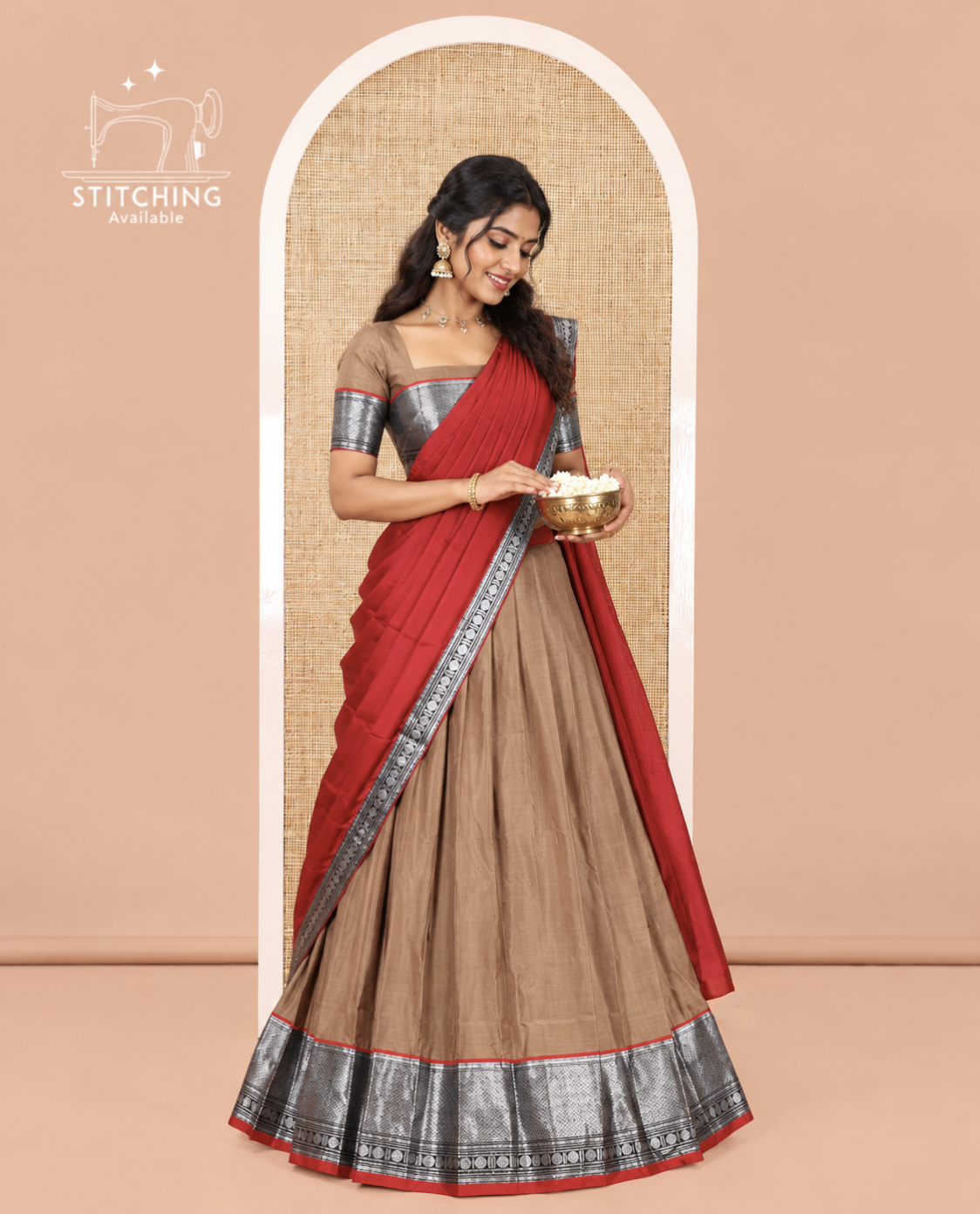 Chikku-Red Mercerised Cotton Half-Saree Features Plain with Contrast Traditional Zari Bordered Skirt, Paired with a Matching Blouse, and Comes with a Contrast Bordered Dhavani