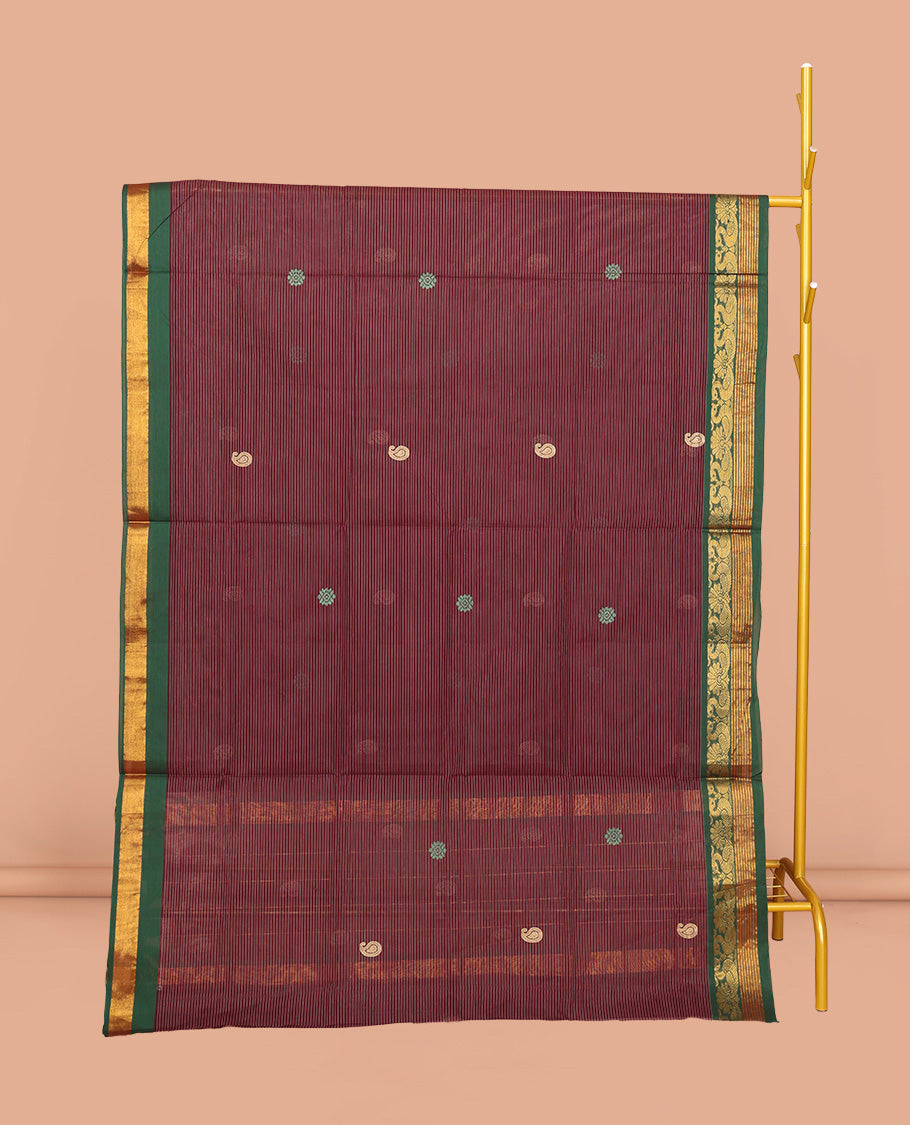 Maroon Venkatagiri Cotton Saree Features Buttas and Stripes, a Contrast Traditional Zari Border, Pallu of Buttas and Stripes, and No Blouse