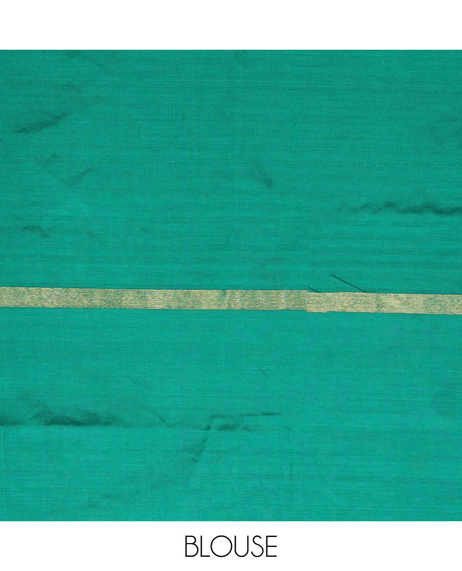 Beige-blue striped poly cotton saree, contrast ganga jamuna zari border & contrast zari striped pallu