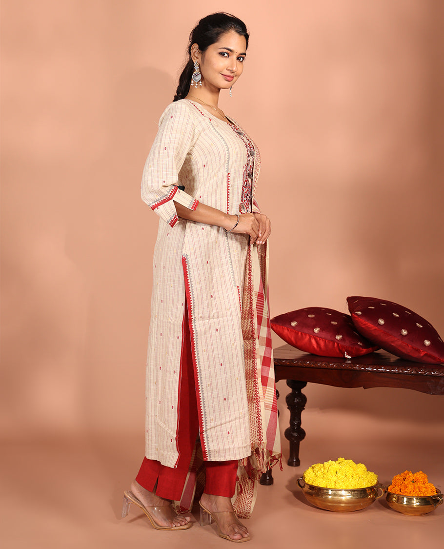 Light Sandal-Red Cotton Readymade Suit