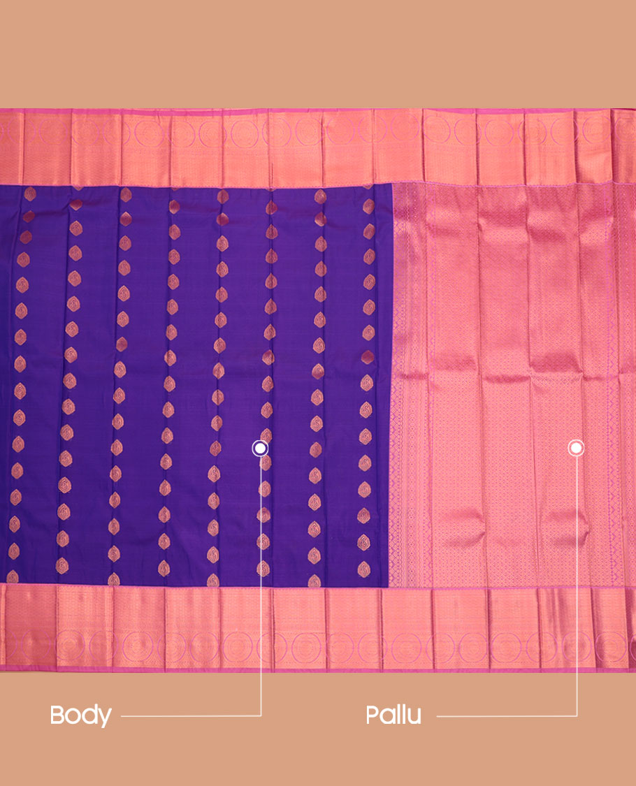 Blue Budget Silk Saree, Decorated with Buttas All Over Its Body, Complemented by a Contrast Traditional Zari Design Border, Pallu of Jaal Designs, and Paired with a Contrast Blouse