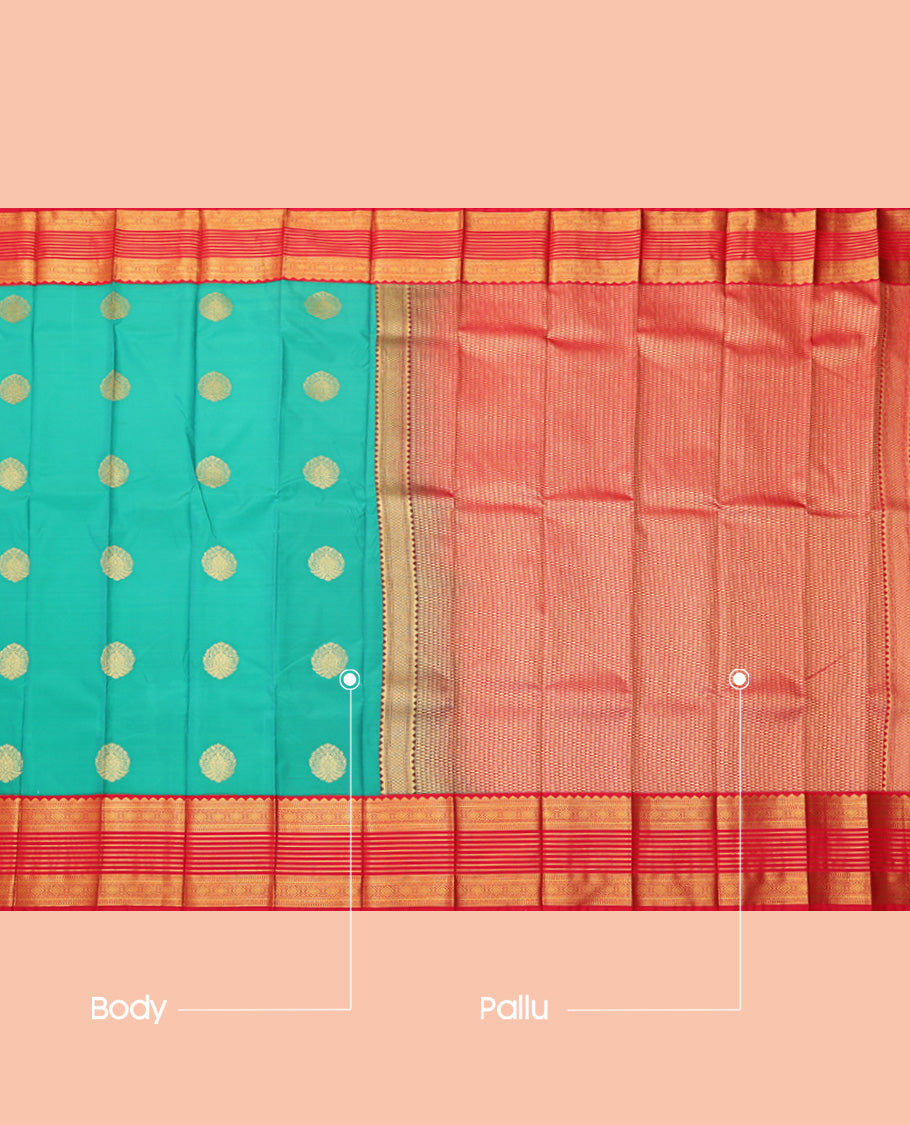 Green Budget Silk Saree, Woven with Zari Buttas, a Contrast Traditional Zari Design Border, Grand Pallu, and a Contrast Blouse