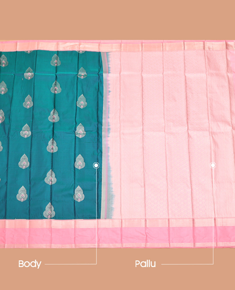 Blue Budget Silk Saree, Decked Up with Zari Buttas, Captivating Contrast Traditional Zari Design Rettai Pettu Border, Jaal Pallu, and Has a Contrast Blouse