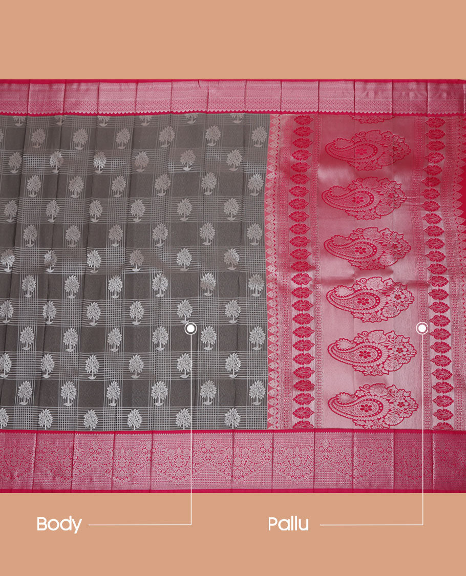 Grey Budget Silk Saree, Subtly Sparkled with Zari Butta Enclosed Checked Design On Its Body, Complemented by Contrast Zari Design Border, Grand Pallu and Paired with a Contrast Blouse
