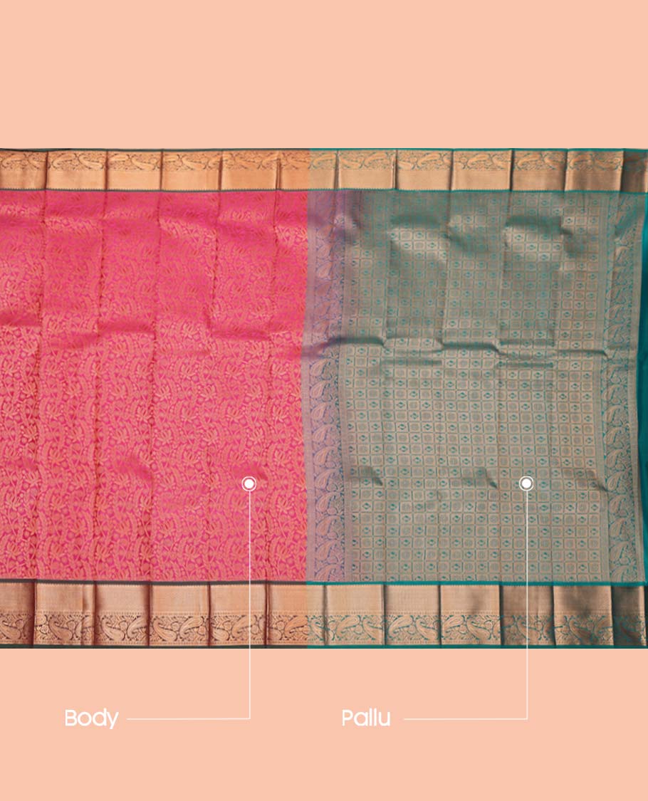 Pink Budget Silk Saree, Ornamented with Jacquard Design, Complemented by a Contrast Traditional Zari Border, Grand Pallu, and a Contrast Blouse
