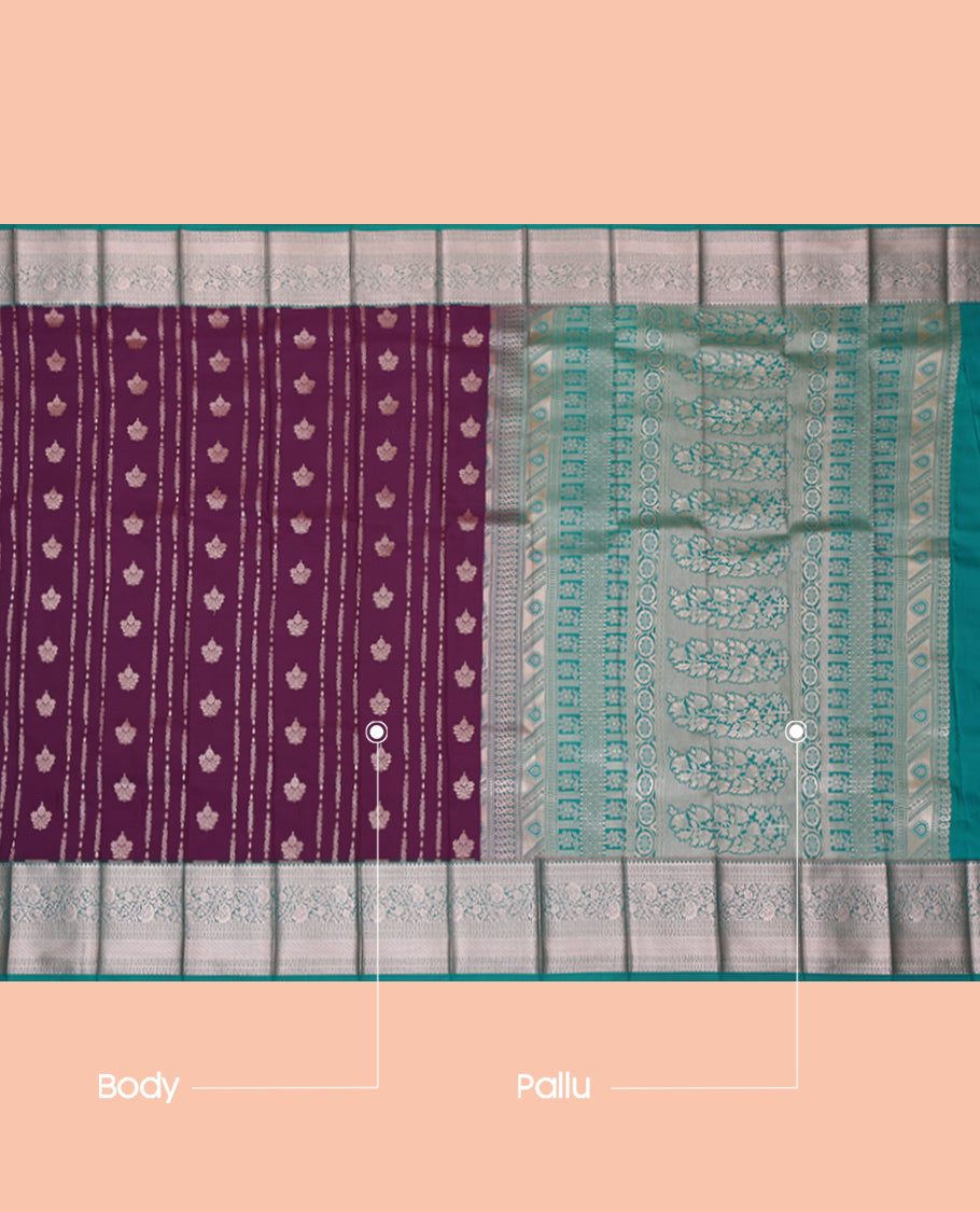 Violet Budget Silk Saree, Embellished with Zari Designs, Complemented by a Contrast Traditional Zari Border, Grand Pallu, and a Contrast Blouse