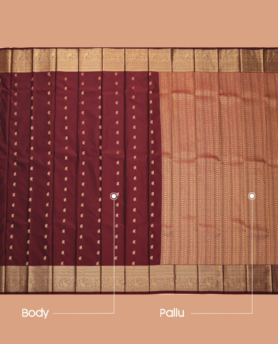 Maroon Budget Silk Saree, Adorned with Zari Buttas, Highlighted by a Traditional Zari Border, Intricate Pallu, and a Matching Blouse