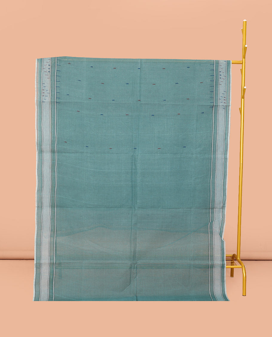Blue Bengal Cotton Saree, Featuring Thread Buttas, a Subtle Border, Pallu of Stripes and Buttas, and a Matching Blouse