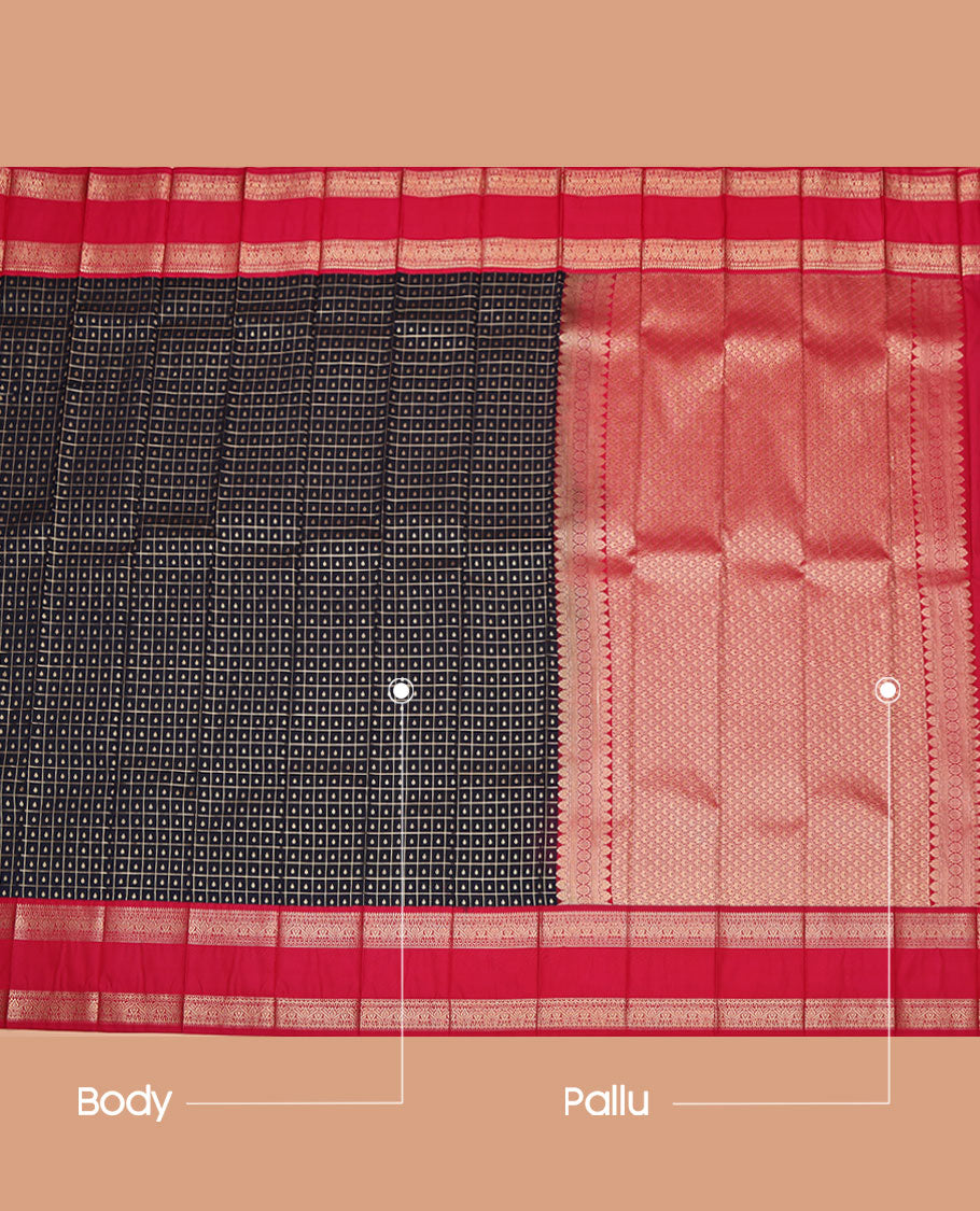 Black Budget Silk Saree, Majestically Detailed with Zari Butta Enclosed Checks on Its Body, Complemented by a Contrast Traditional Zari Designs Woven Rettai Pettu Border, Grand Pallu of Jaal Designs, and Paired with a Contrast Blouse
