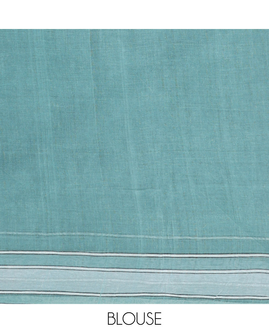 Blue Bengal Cotton Saree, Featuring Thread Buttas, a Subtle Border, Pallu of Stripes and Buttas, and a Matching Blouse