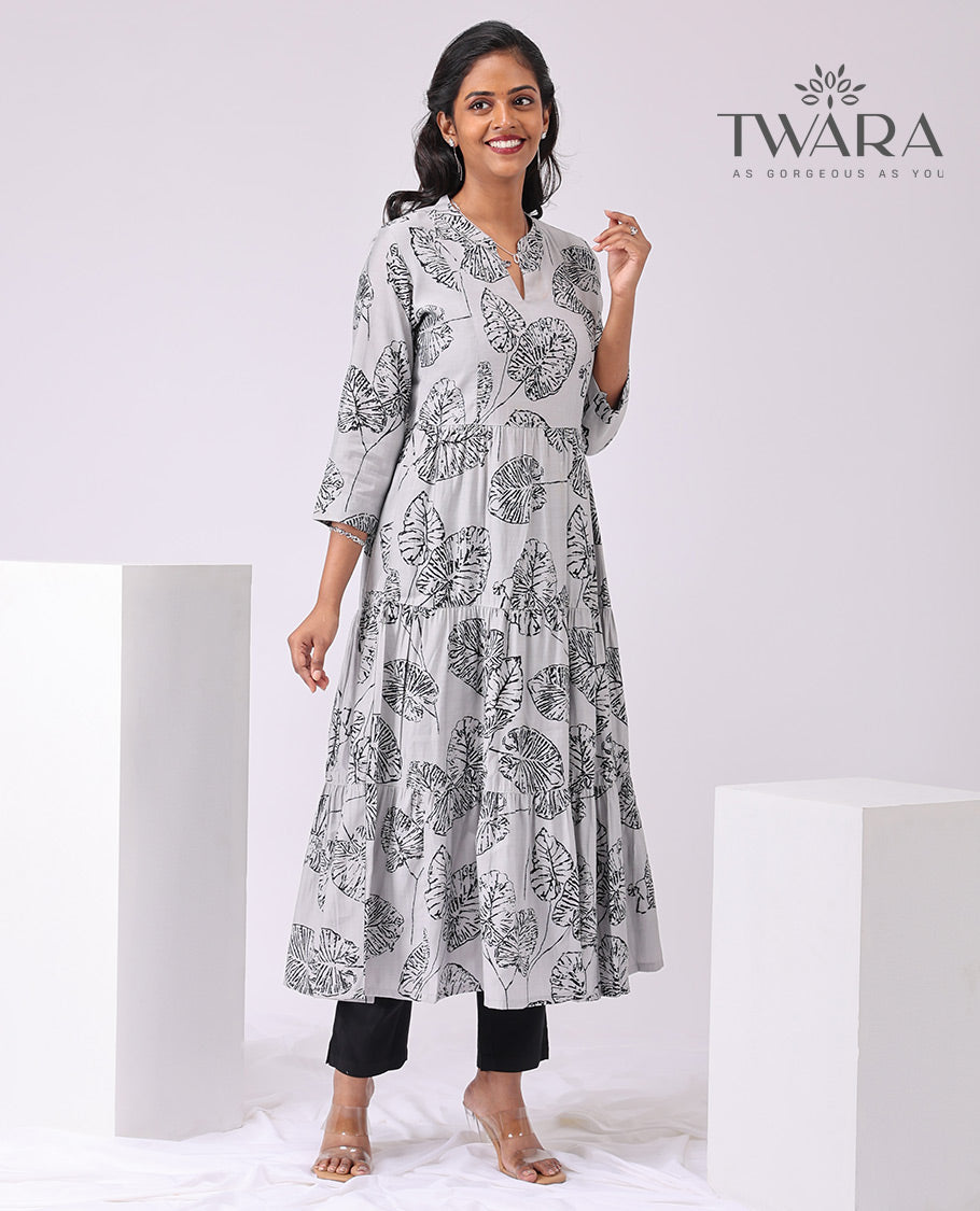 Twara Grey leaf printed v neck, 3/4 th sleeve , below knee lenght kurti