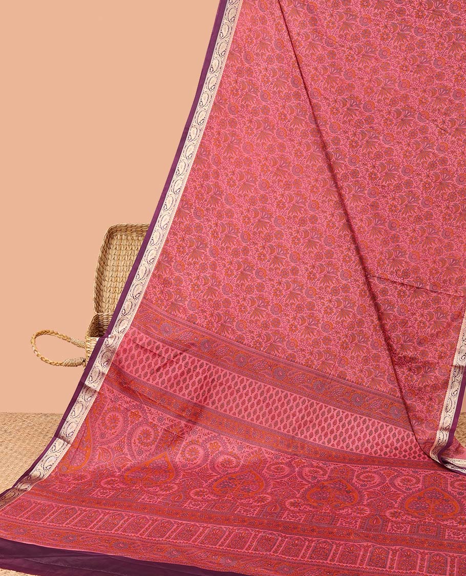 Pink paisley vine semi-banaras printed saree, contrast paisleys border & intricate pallu