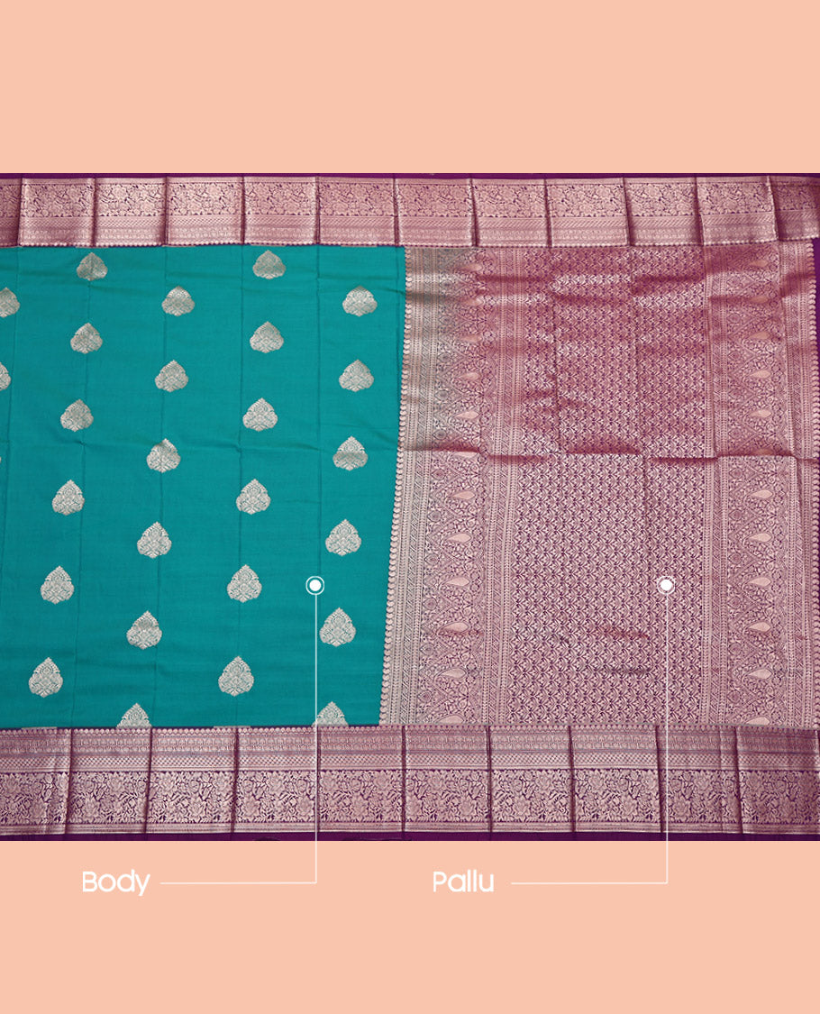 Blue Budget Silk Saree, Spotlighted with Zari Buttas, Complemented by Contrast Traditional Border, Grand Pallu and a Contrast Blouse