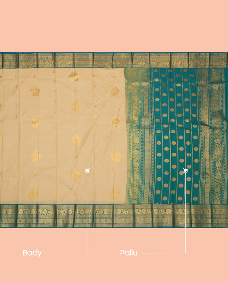 Sandal Budget Silk Saree, Showcasing Zari Buttas, Complemented by Contrast Traditional Zari Border, a Grand Pallu and a Contrast Blouse