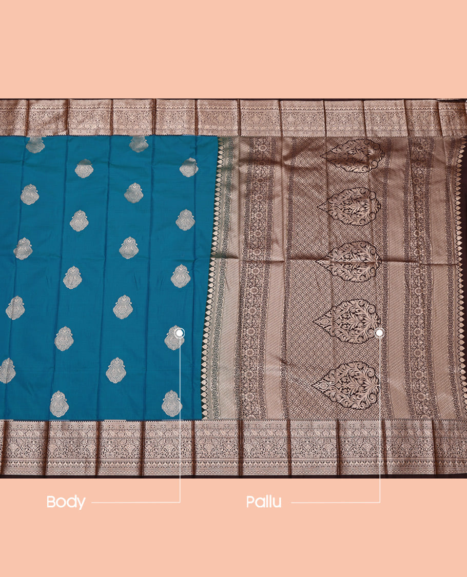 Blue Budget Silk Saree, Gleamed Up with Zari Buttas All Over Its Body, Complemented by a Contrast Traditional Zari Design Border, Intricate Pallu, and Paired with a Contrast Blouse