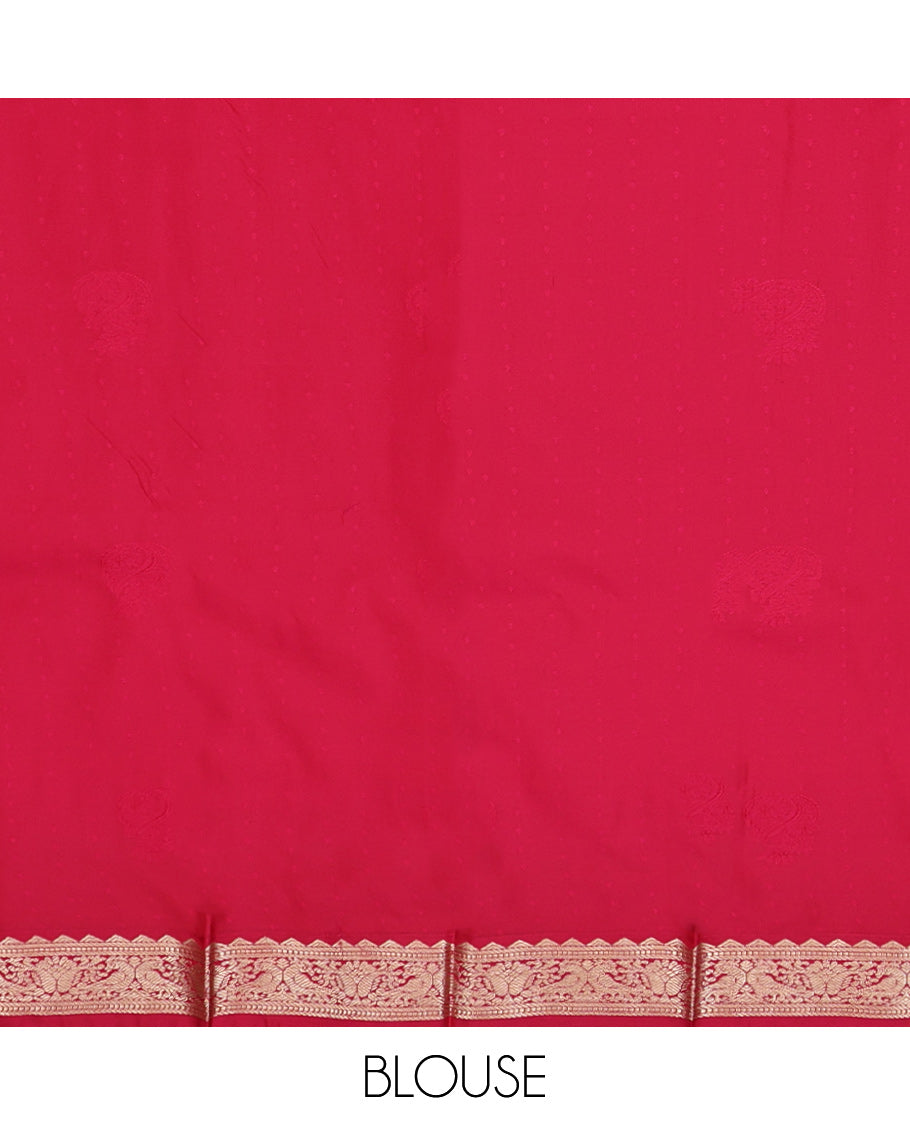 Turquoise Budget Silk Saree, Spotlighted with Zari Buttas on Its Body, Complemented by a Contrast Traditional Zari Border of Peacock Designs, Geometric Patterned Pallu, and Paired with a Contrast Blouse