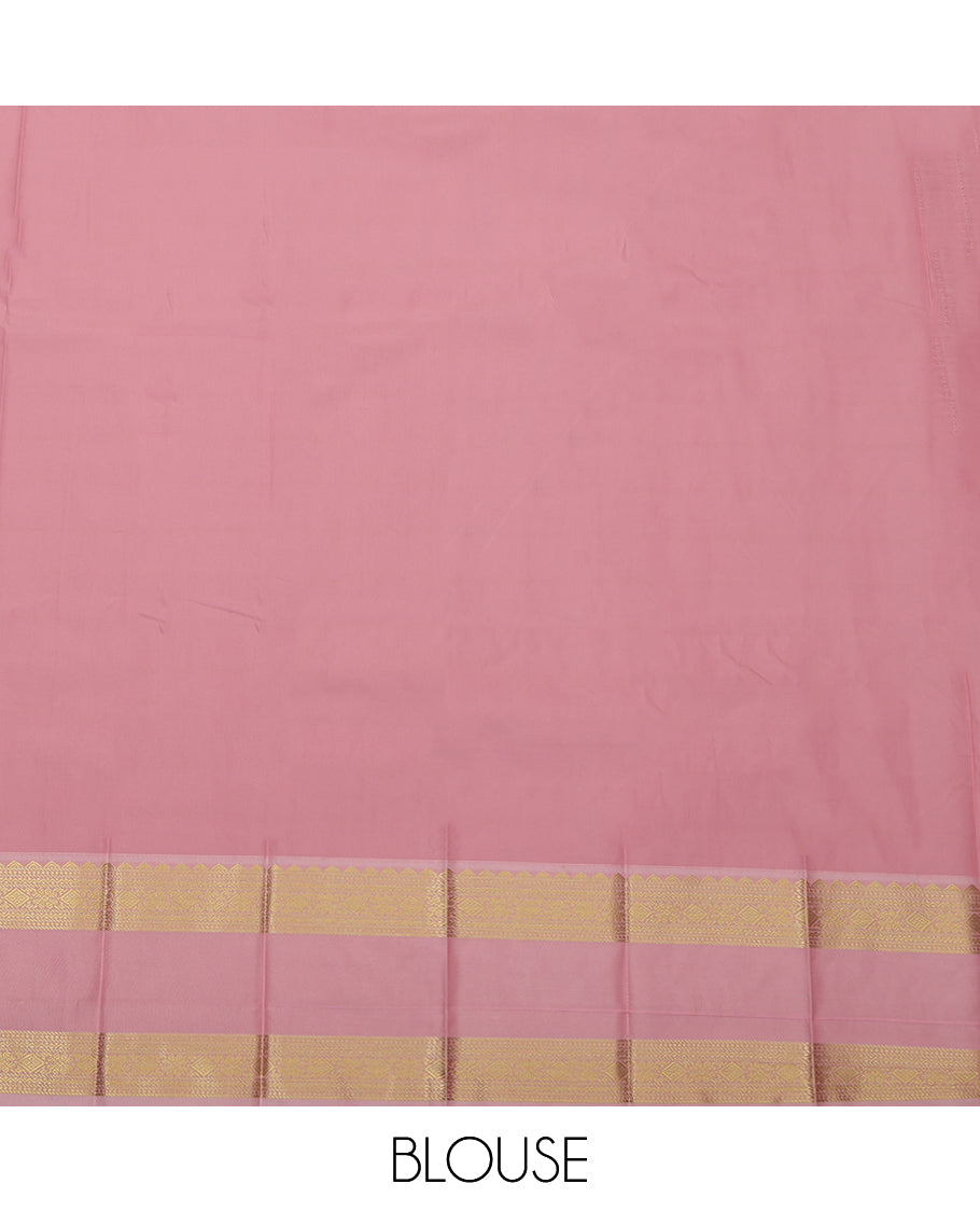 Red Budget Silk Saree, Adorned with Zari Buttas and Stripes, Complemented by a Contrast Traditional Rettai Pettu Border, Grand Pallu, and Contrast Blouse