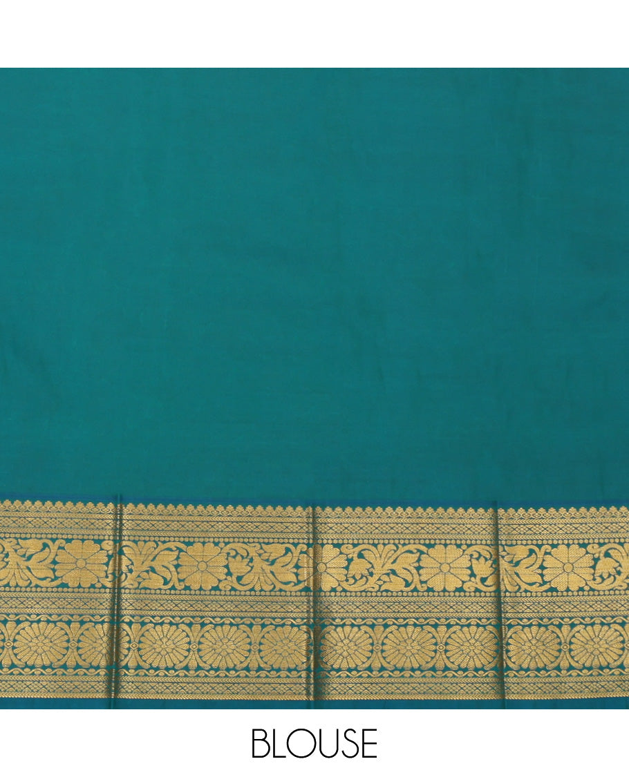 Sandal Budget Silk Saree, Showcasing Zari Buttas, Complemented by Contrast Traditional Zari Border, a Grand Pallu and a Contrast Blouse