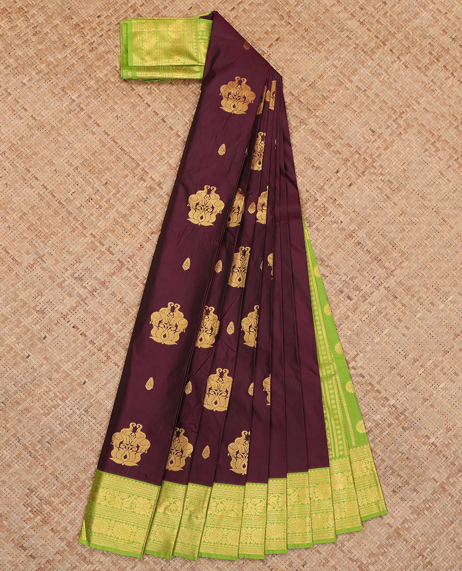 Wine Budget Silk Saree, Featuring Zari Buttas, Complemented by Contrast Traditional Zari Border, a Grand Pallu and a Contrast Blouse