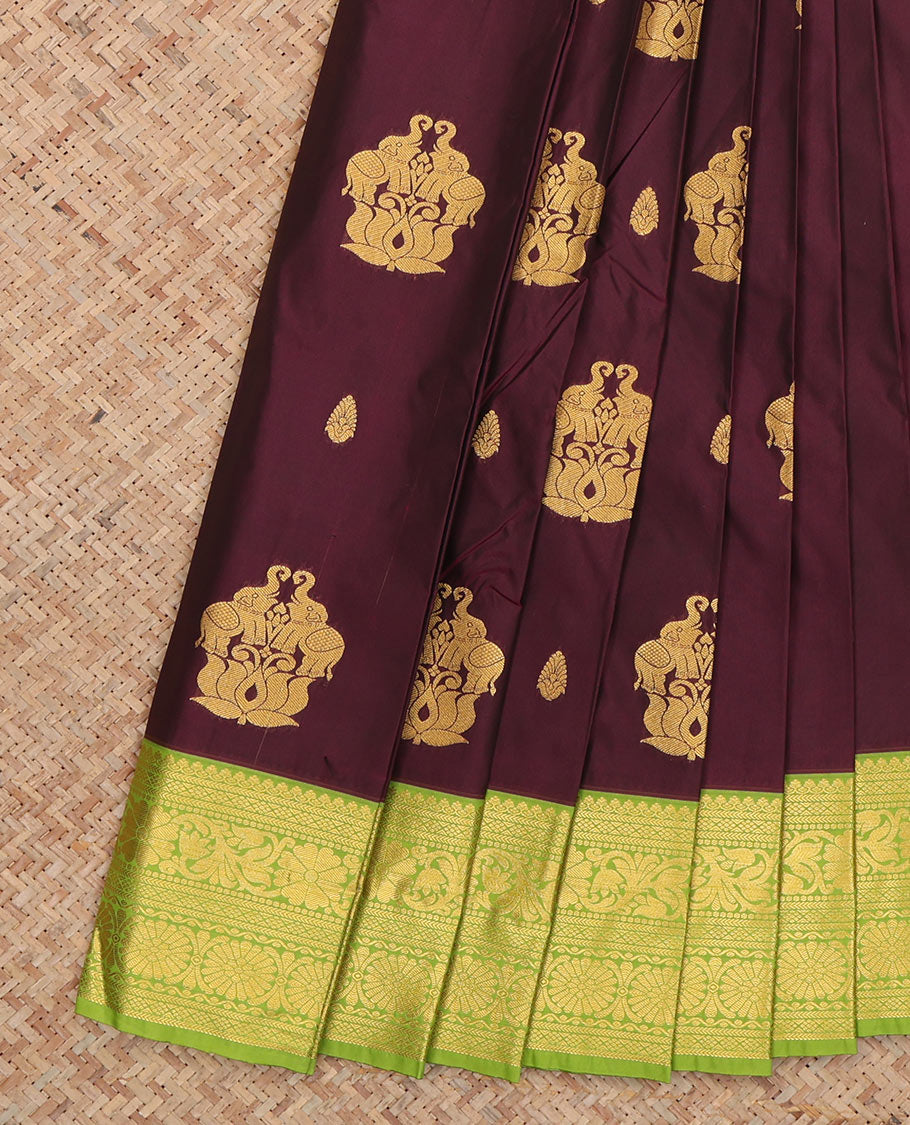 Wine Budget Silk Saree, Featuring Zari Buttas, Complemented by Contrast Traditional Zari Border, a Grand Pallu and a Contrast Blouse