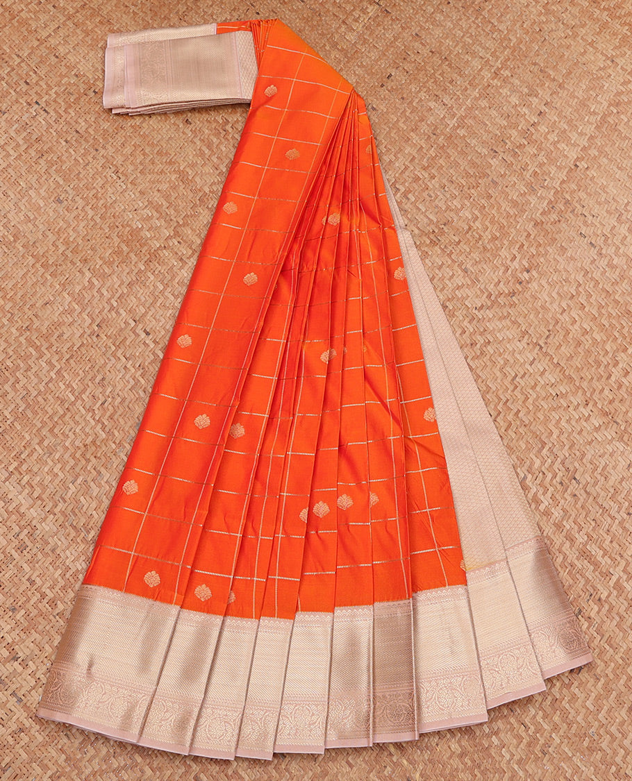 Orange Budget Silk Saree, Embellished with Zari Butta Enclosed Checks, Complemented by a Contrast Traditional Zari Border, Jaal Pallu, and Contrast Blouse