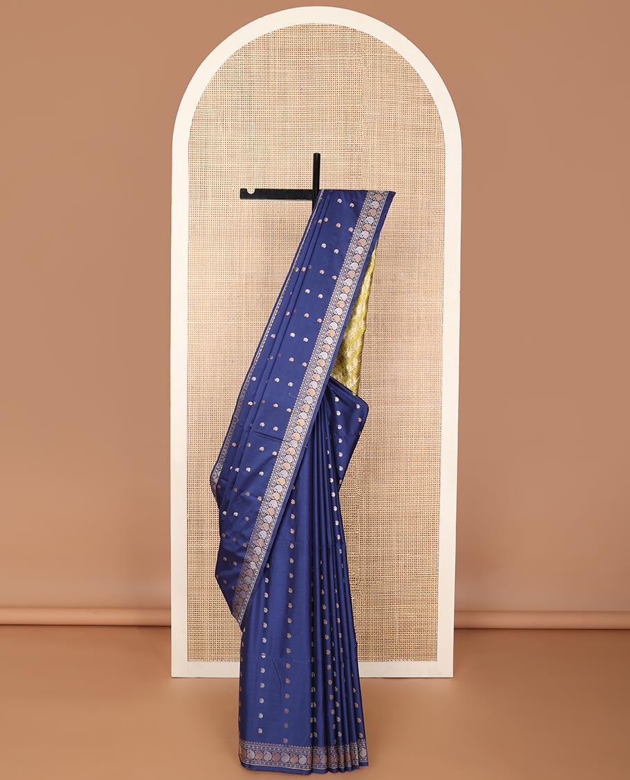 Blue paisely motifs soft silk saree with self zari design border & floral design pallu