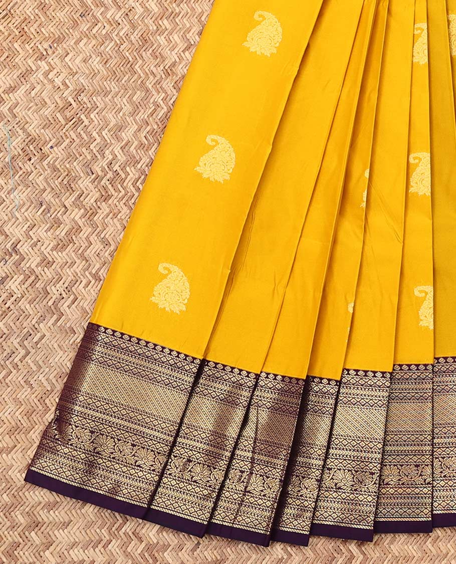 Yellow Budget Silk Saree, Sparsely Threaded with Zari Buttas, a Contrast Traditional Zari Design Border, Grand Pallu, and a Contrast Blouse