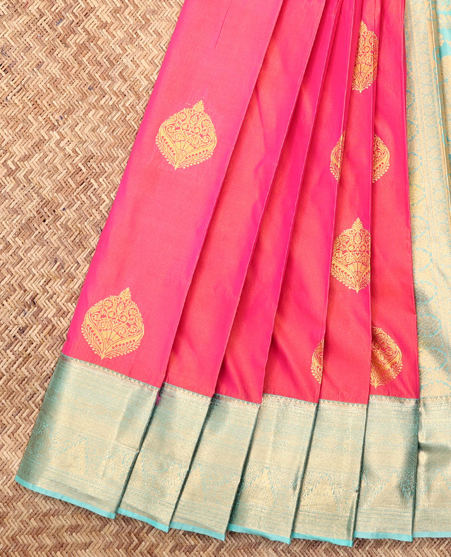 Pink Budget Silk Saree, Detailed with Zari Buttas, Complemented by Contrast Traditional Zari Border, a Grand Pallu and a Contrast Blouse