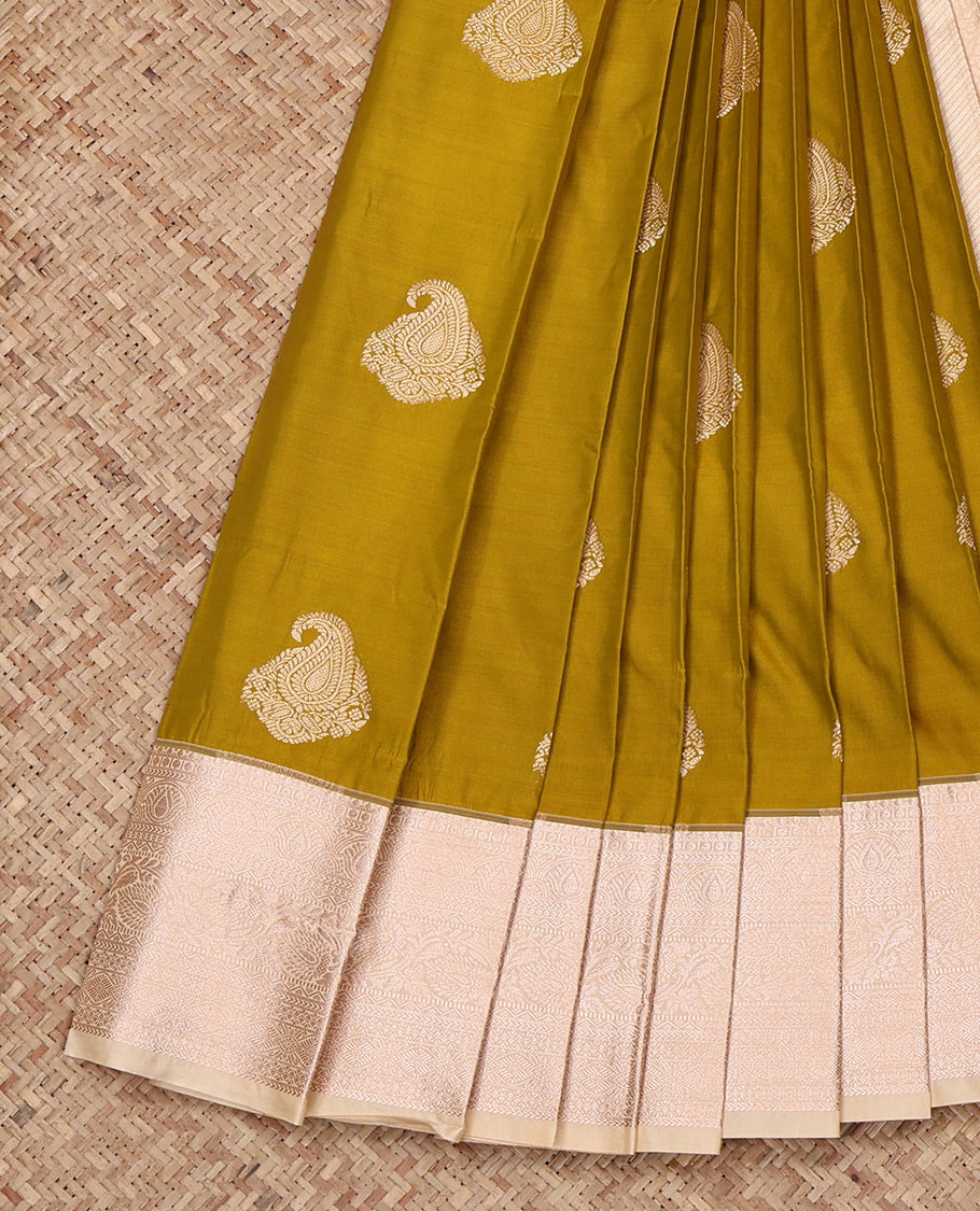 Mustard Budget Silk Saree, Adorned with Zari Buttas All Over Its Body, Complemented by a Contrast Traditional Zari Design Border, Intricate Pallu, and Paired with a Contrast Blouse