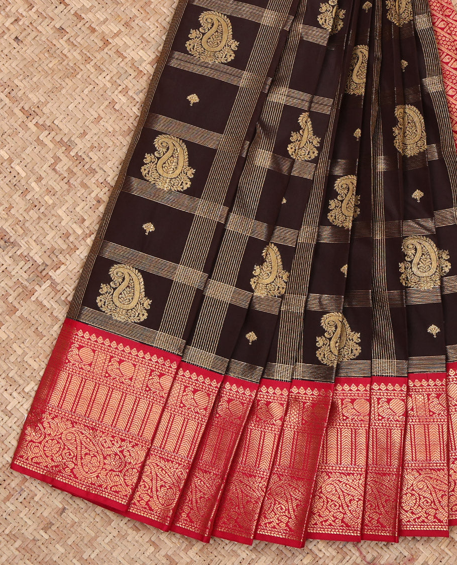 Brown Budget Silk Saree, Decked Up with Paisley Butta Enclosed Checks on Its Body, Complemented by a Contrast Traditional Zari Design Border, Grandly Decked Up Pallu, and Paired with a Contrast Blouse