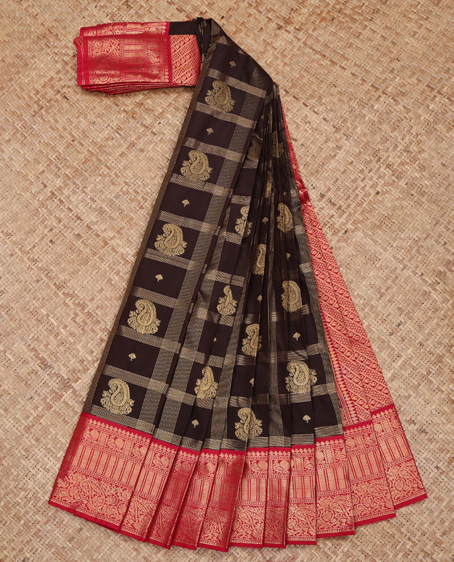 Brown Budget Silk Saree, Decked Up with Paisley Butta Enclosed Checks on Its Body, Complemented by a Contrast Traditional Zari Design Border, Grandly Decked Up Pallu, and Paired with a Contrast Blouse