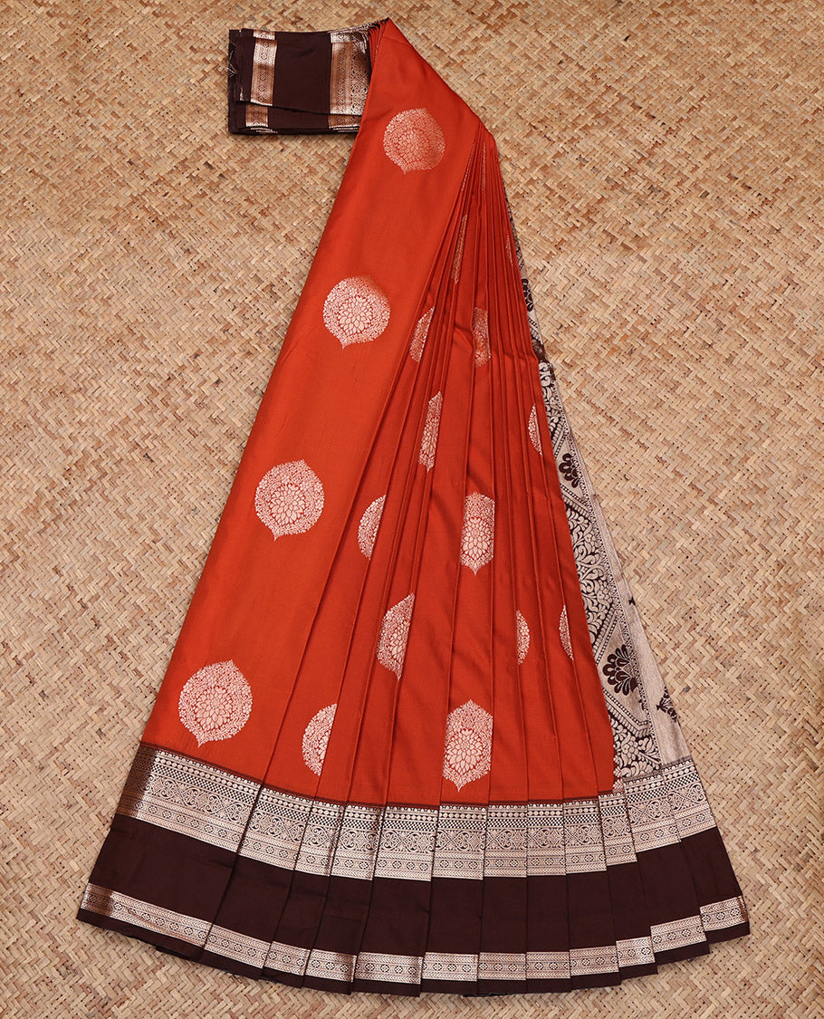 Orange Budget Silk Saree, Crafted with Zari Buttas, Complemented by Contrast Traditional Rettai Pettu Border, Grand Pallu and a Contrast Blouse